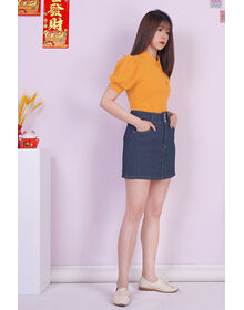 Cuff Sleeve Asymmetric Hem Cheongsam Top (Yellow)